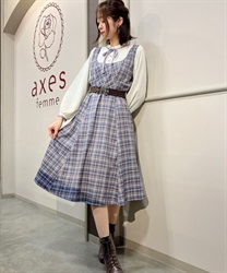 Layered style check pattern Dress(Blue-F)