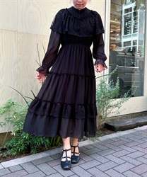 Lace Cape Tea Eede Dress(Black-M)