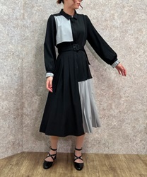 Pleated bicolor Dress(Black-F)
