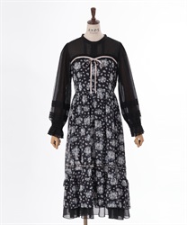 Petit bouquet pattern bustier switching Dress(Black-M)