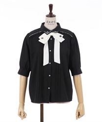 Cross embroidery Blouse with ribbon(Black-S)