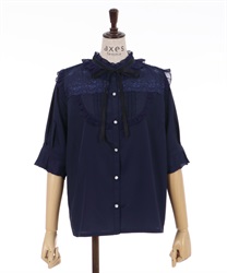 Tulle lace use Blouse(Navy-M)