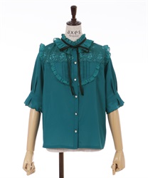 Tulle lace use Blouse(Blue green-M)