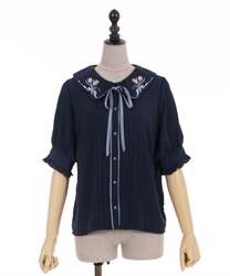 Tulip embroidery collar Blouse(Navy-F)