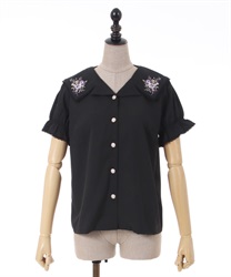 Bouquet embroidery collar Blouse(Black-F)