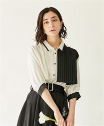 Pleated bicolor Blouse(White-F)