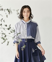 Pleated bicolor Blouse(Blue-F)