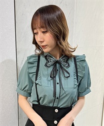 Butterfly embroidery collar short sleeve Blouse(Green-F)
