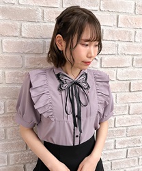 Butterfly embroidery collar short sleeve Blouse(Lavender-F)