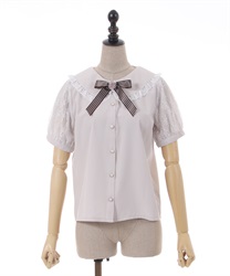 Big collar Blouse with flower ribbon(Beige-F)
