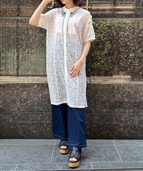 Line embroidery lace long shirt(White-F)