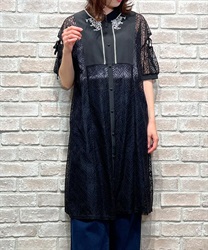 Line embroidery lace long shirt(Black-F)