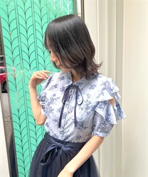 Flower Print Shoulder Aki Blouse(Blue-F)