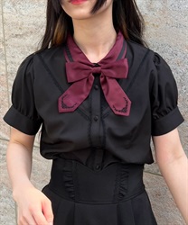 Blouse with embroidered ribbon brooch(Black-F)