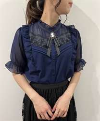 Blouse with brooch(Navy-F)