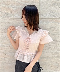 Eyelette lace bustier Blouse(Pink-F)