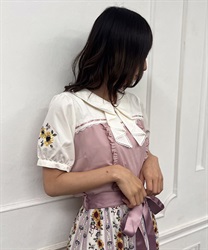 Sunflower embroidery frill Blouse(Pink-F)