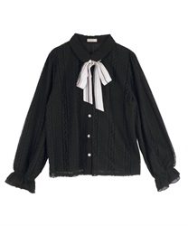 Stripe bow tie lace blouse(Black-Free)