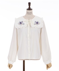 Pansy embroidery big collar blouse(Ecru-F)