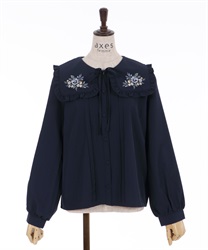 Pansy embroidery big collar blouse(Navy-F)