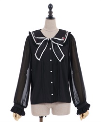 Strawberry embroidery blouse with ribbon(Black-F)