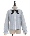 Lace stand collar with ribbon Blouse(Grey-F)