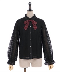 Lace stand collar with ribbon Blouse(Black-F)