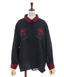 Cluster amaryllis embroidery shirt(Black-F)