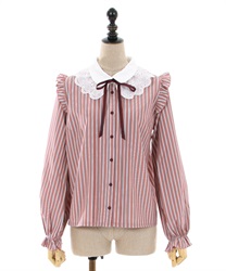 Lace collar striped Blouse(Red-F)