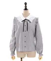 Lace collar striped Blouse(Grey-F)
