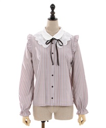 Lace collar striped Blouse(Pink-F)