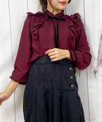 Frill Blouse with velor ribbon(Wine-M)