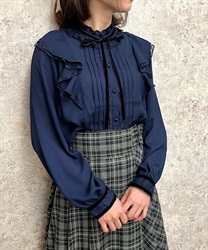 Frill Blouse with velor ribbon(Navy-M)