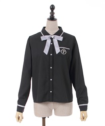 Emblem embroidery Blouse with ribbon(Black-F)