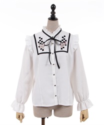 Chess embroidery high neck Blouse(White-F)