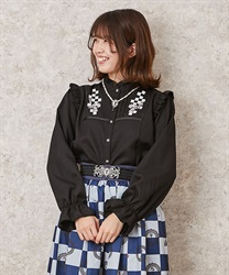 Chess embroidery high neck Blouse(Black-F)