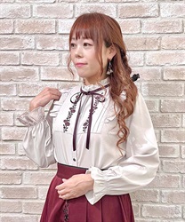 Rose embroidery high -neck Blouse(Pink-M)