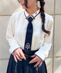 With emblem embroidery tie Blouse(Ecru-M)