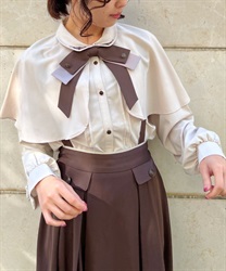 Cape -style Blouse with ribbon tie(Beige-F)