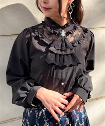 Blouse with cameo x javo brooch(Black-M)