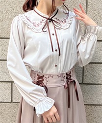 Bouquet embroidery frill collar Blouse(Beige-M)