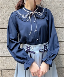 Bouquet embroidery frill collar Blouse(Navy-M)