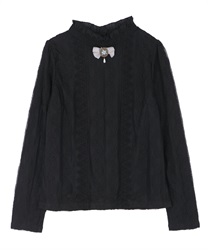 Lacy blouse with ribbon brooch(Black-Free)