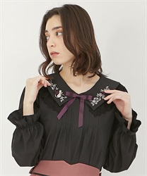 Cat embroidery Blouse with ribbon(Black-F)