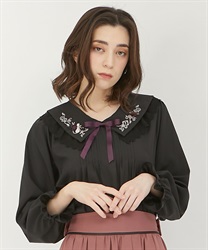 Cat embroidery Blouse with ribbon