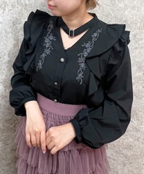 Choker style rose embroidery Blouse(Black-F)