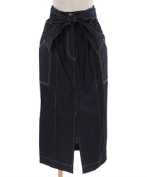 Tight denim skirt with ribbon(Black-Free)