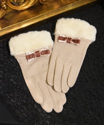 Color scheme ribbon x fur gloves(Beige-F)