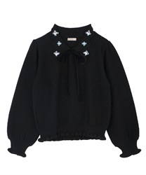 Flower embroidery knit pullover(Black-Free)