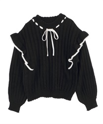 Frill knit pullover(Black-Free)